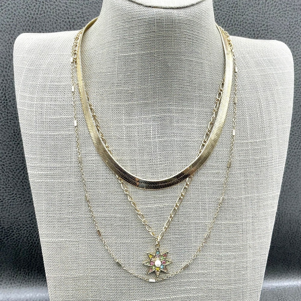 BCBGeneration‎ Layered 3-Strand Necklace Goldtone Starburst Charm Pearl Crystal
